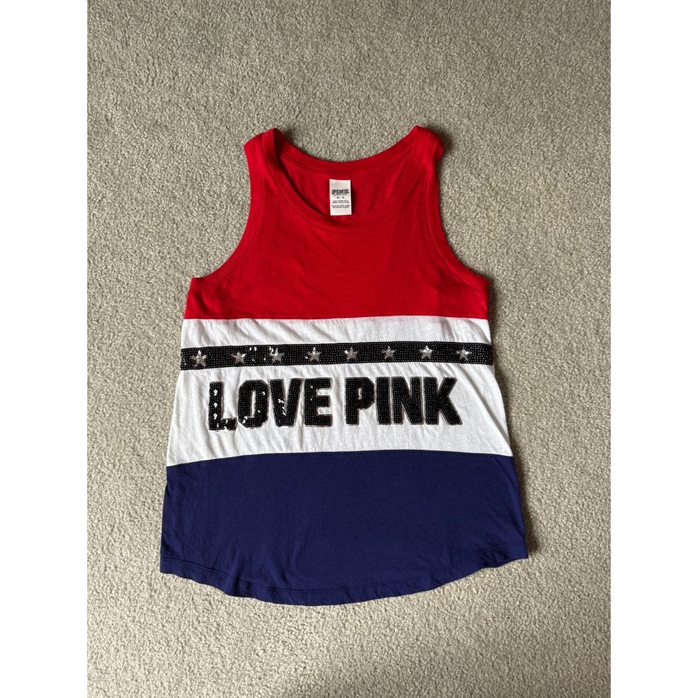 PINK Victoria's Secret Tank Top Medium Red White Blue Sequin Love Pink Patriotic